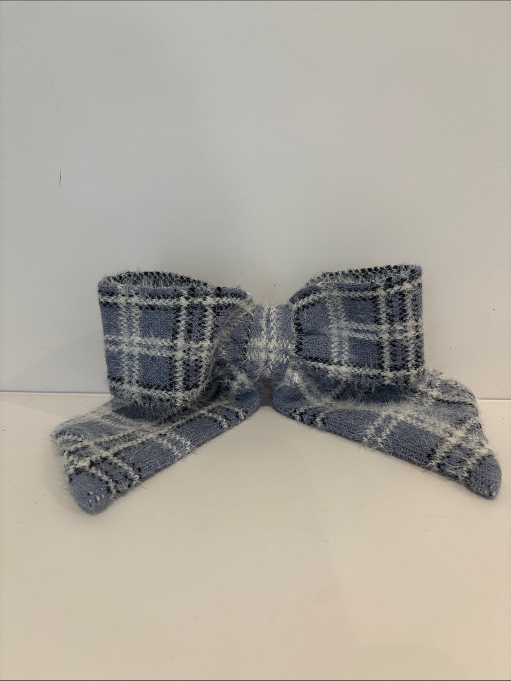 Fuzzy Plaid Knit Hair Bow Clip